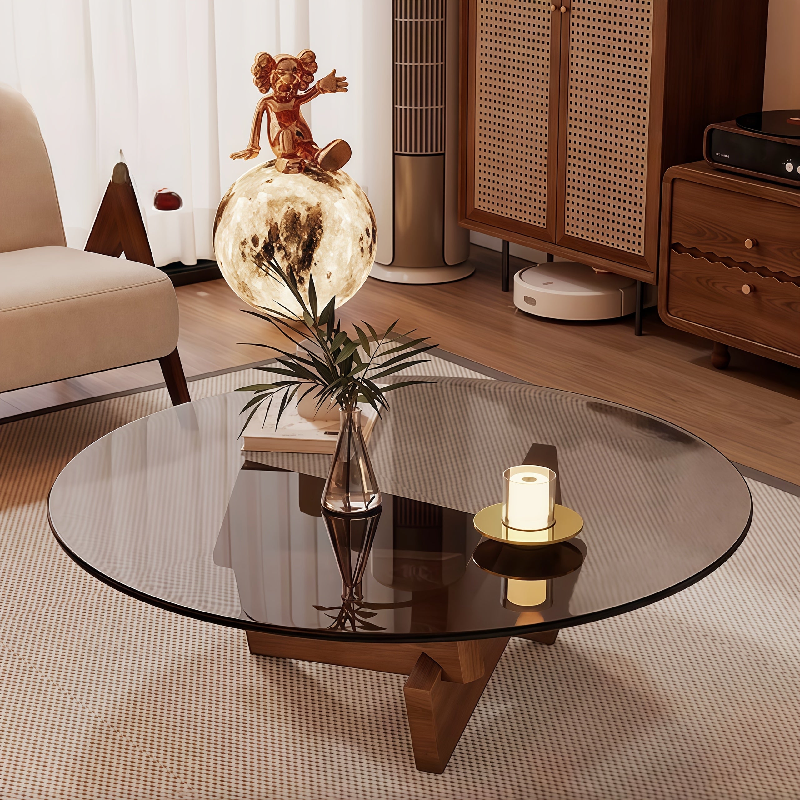 Round Grey Glass Coffee Table with Black Wood Abstract Base