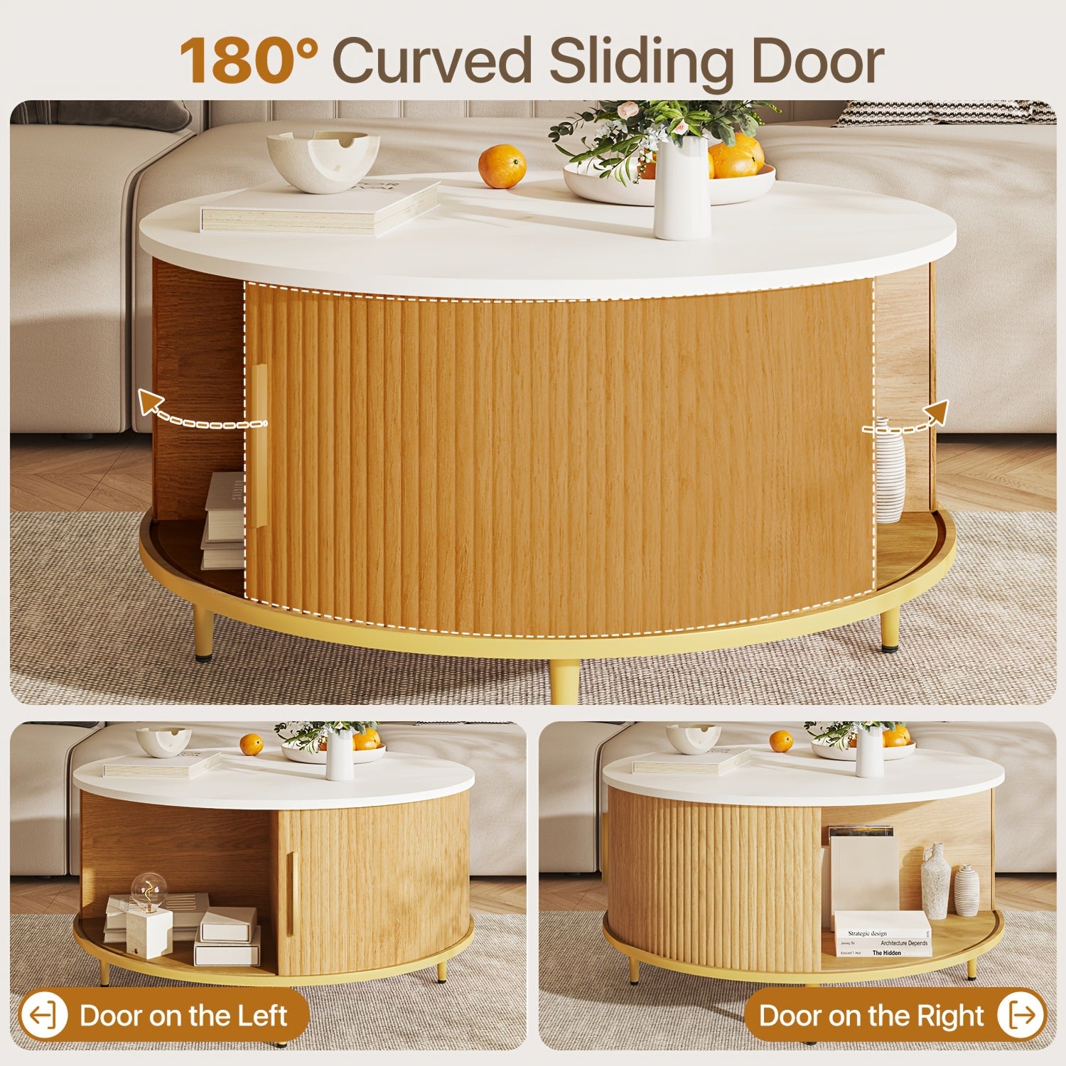 Aoxun Round Coffee Table with Flip-Top Sliding Door Storage - Fluted MDF Top & Pine Legs