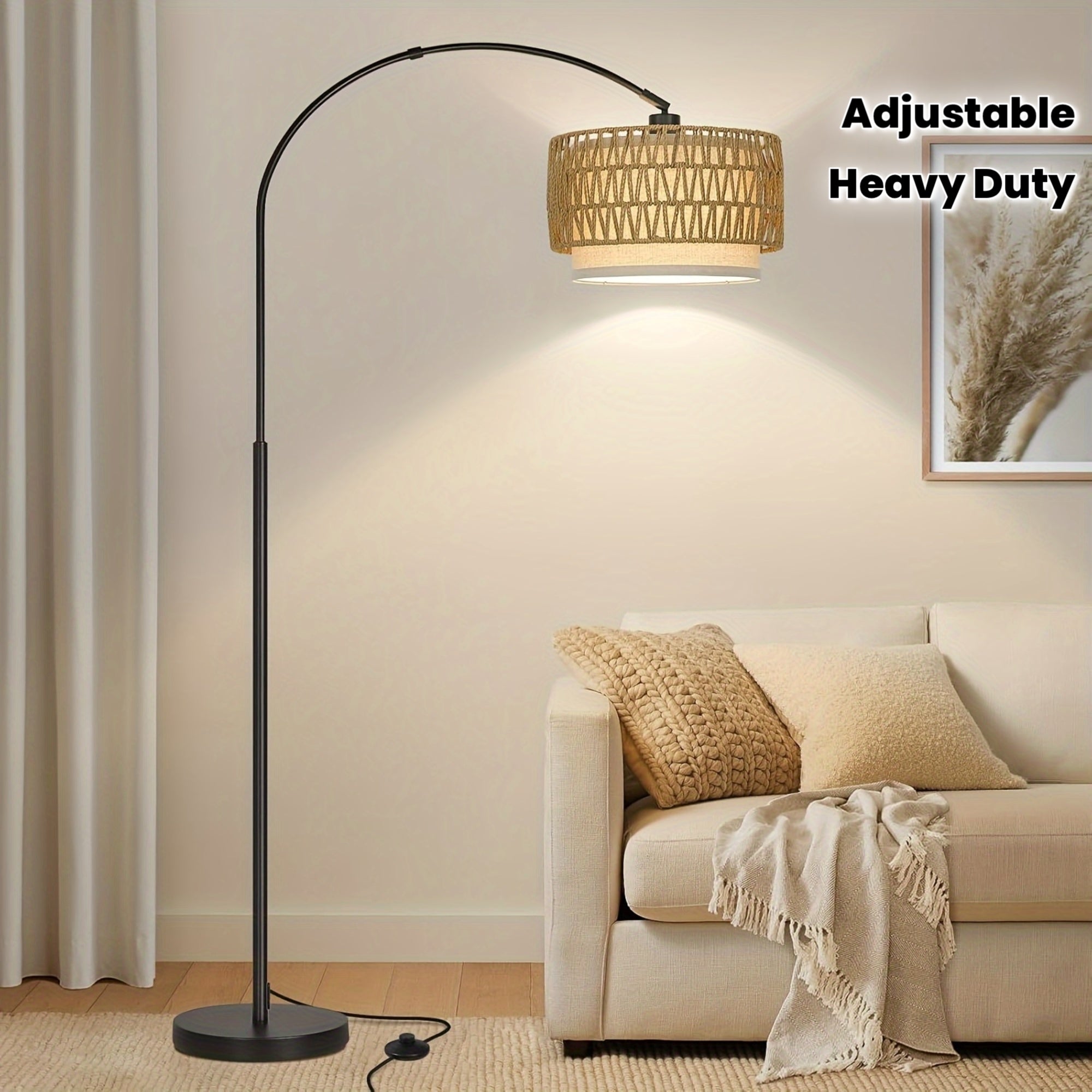 73in Modern Arc Floor Lamp - Tall Standing Light with Adjustable Drum Shade, Heavy-Duty Weighted Base