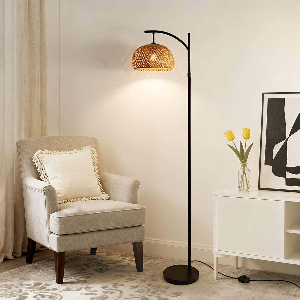A Retro Bamboo-woven Floor Lamp With A Bohemian Country Style