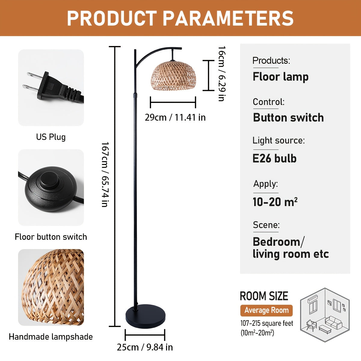 Large Size Bamboo-woven Sunshade Floor Lamp, Bohemian Farmhouse Country Floor Lamp