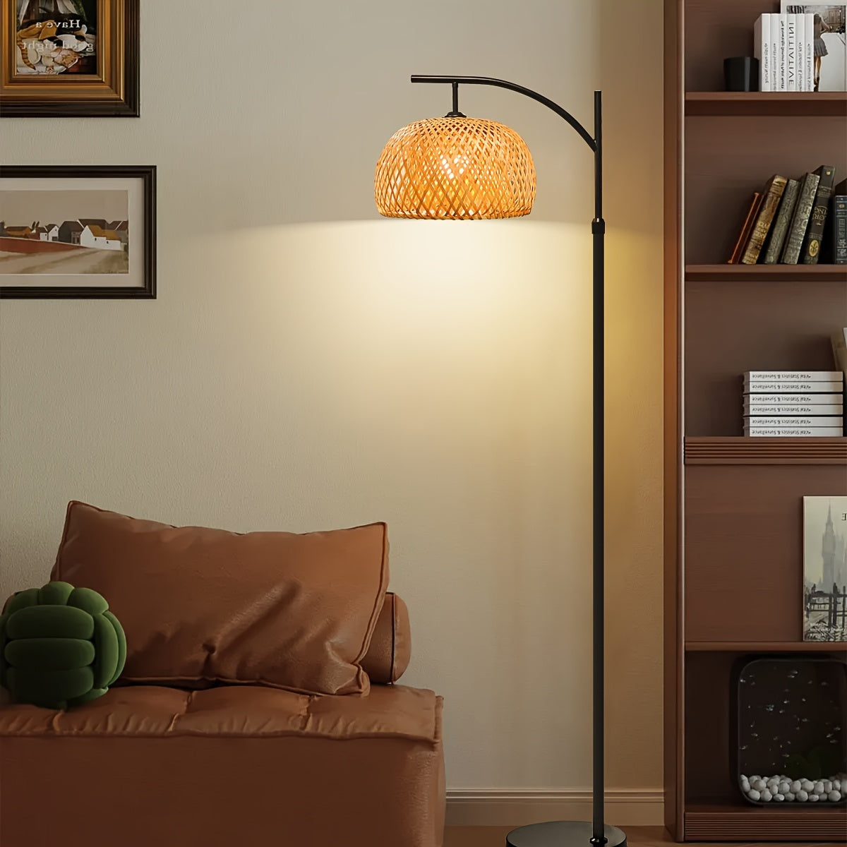 Large Size Bamboo-woven Sunshade Floor Lamp, Bohemian Farmhouse Country Floor Lamp