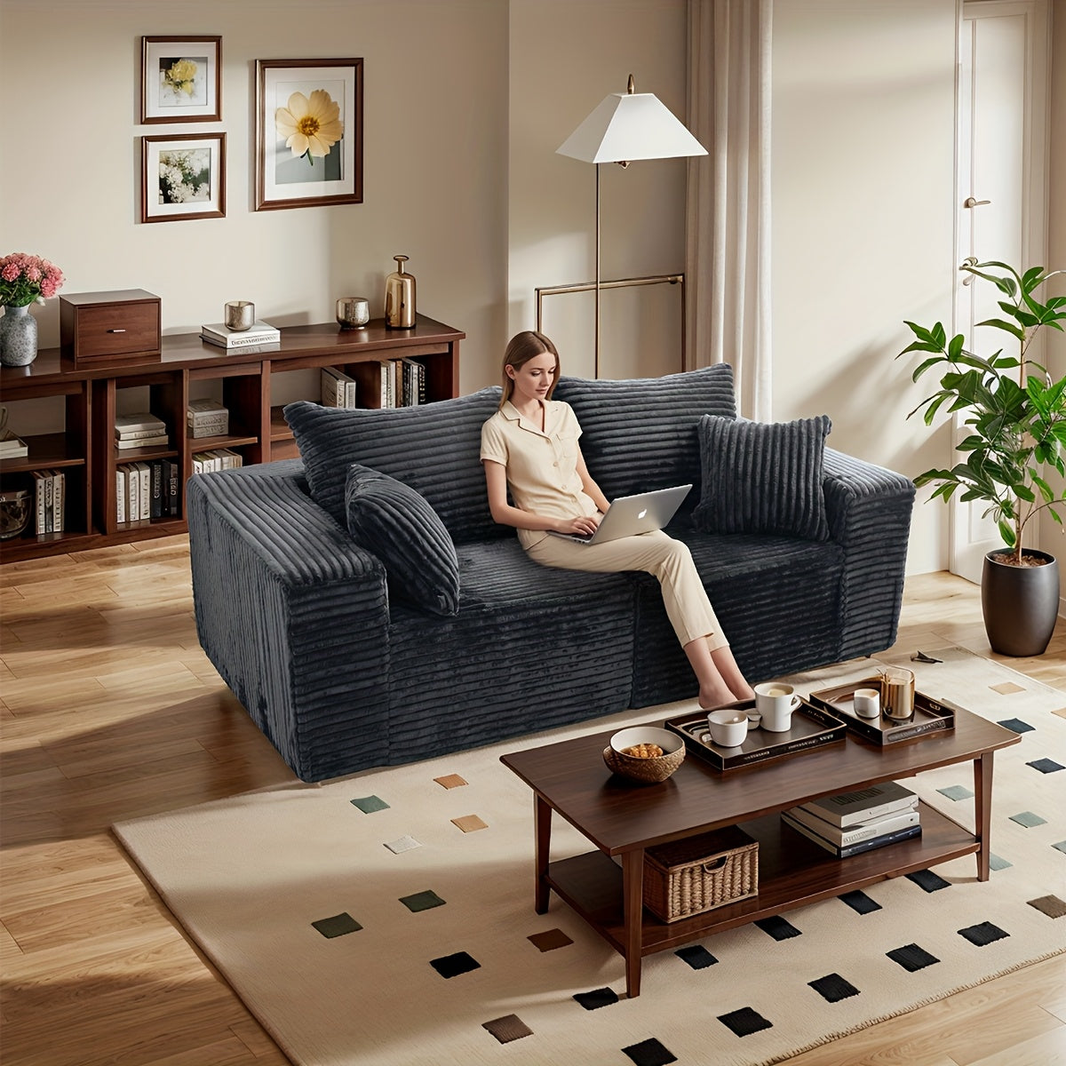 Ultra Soft Stretchy Ribbed Loveseat That Separates Into Two Individual Chairs for Flexible Living Room