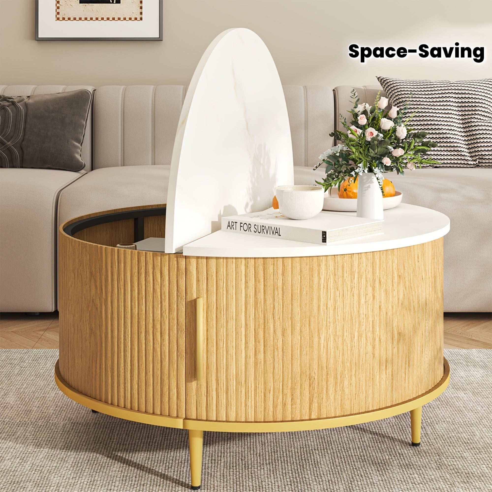 Aoxun Round Coffee Table with Flip-Top Sliding Door Storage - Fluted MDF Top & Pine Legs