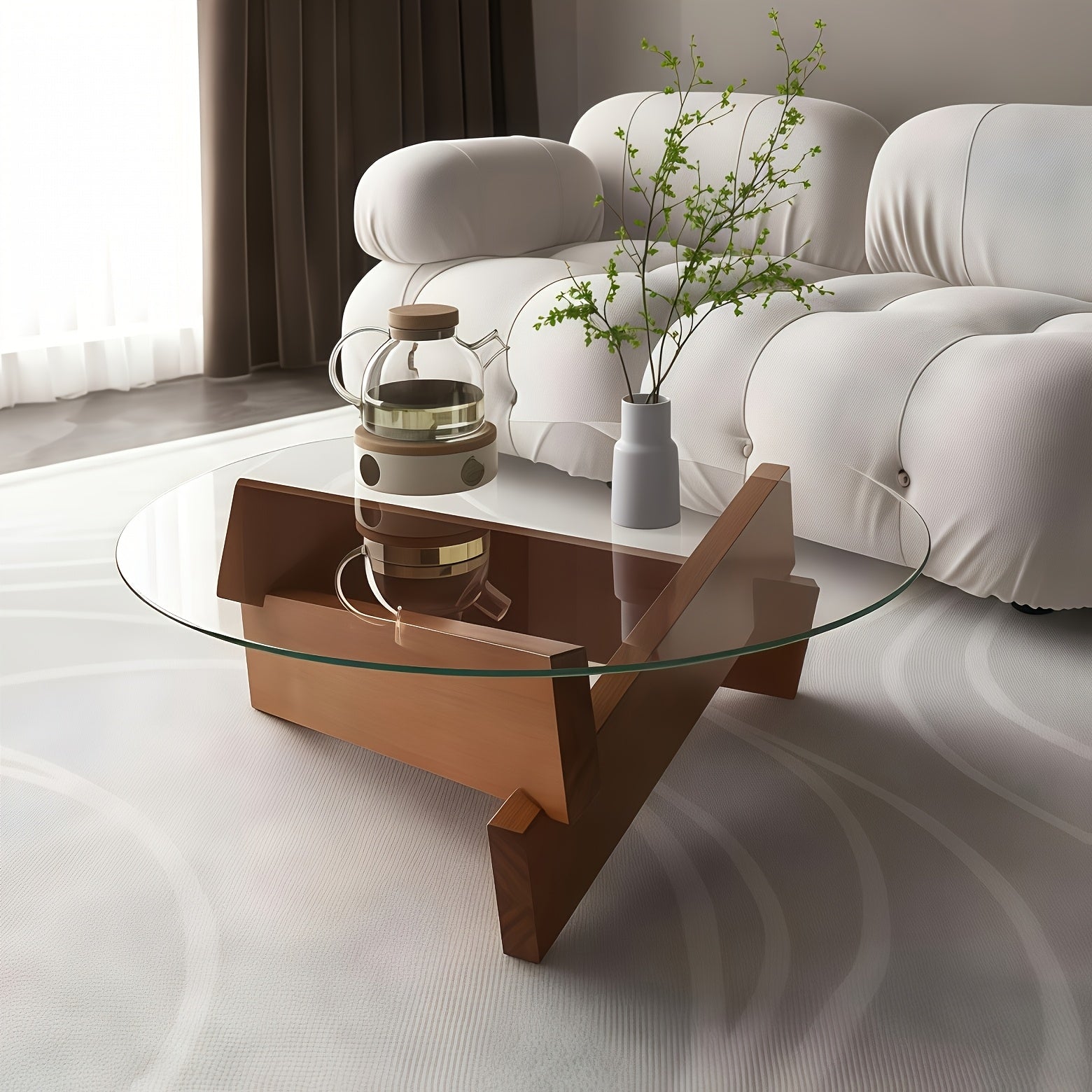Round Grey Glass Coffee Table with Black Wood Abstract Base