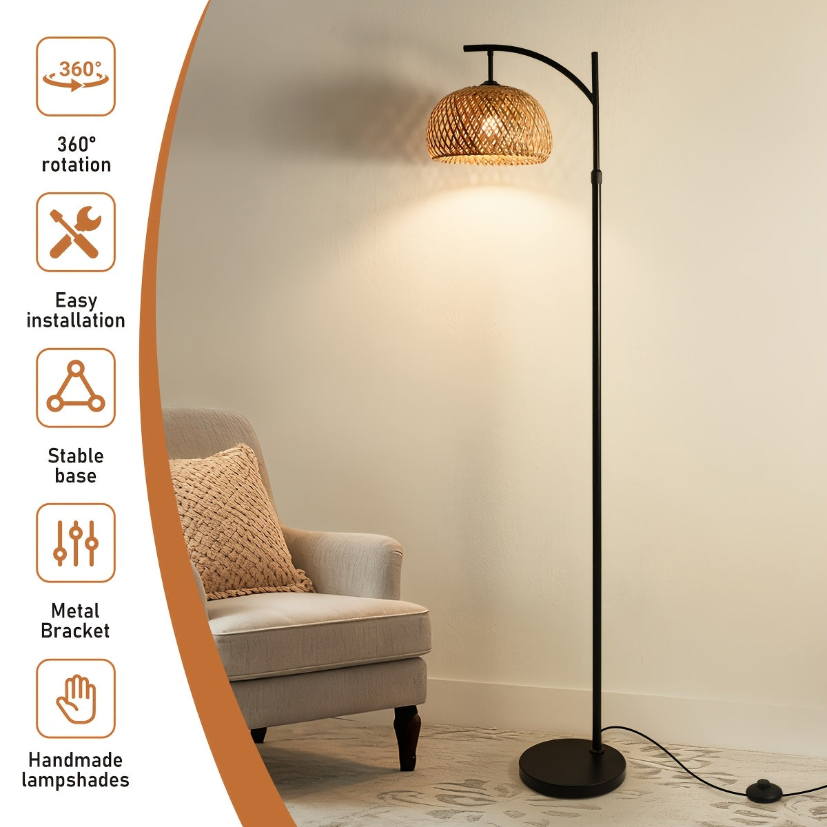 Large Size Bamboo-woven Sunshade Floor Lamp, Bohemian Farmhouse Country Floor Lamp