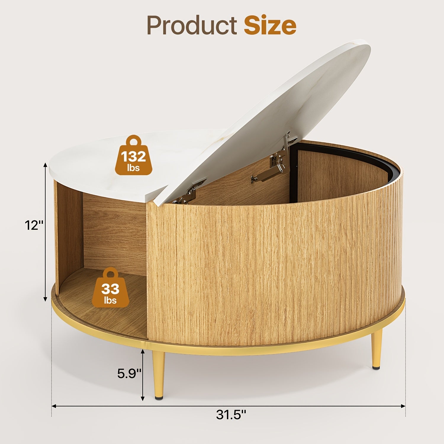 Aoxun Round Coffee Table with Flip-Top Sliding Door Storage - Fluted MDF Top & Pine Legs