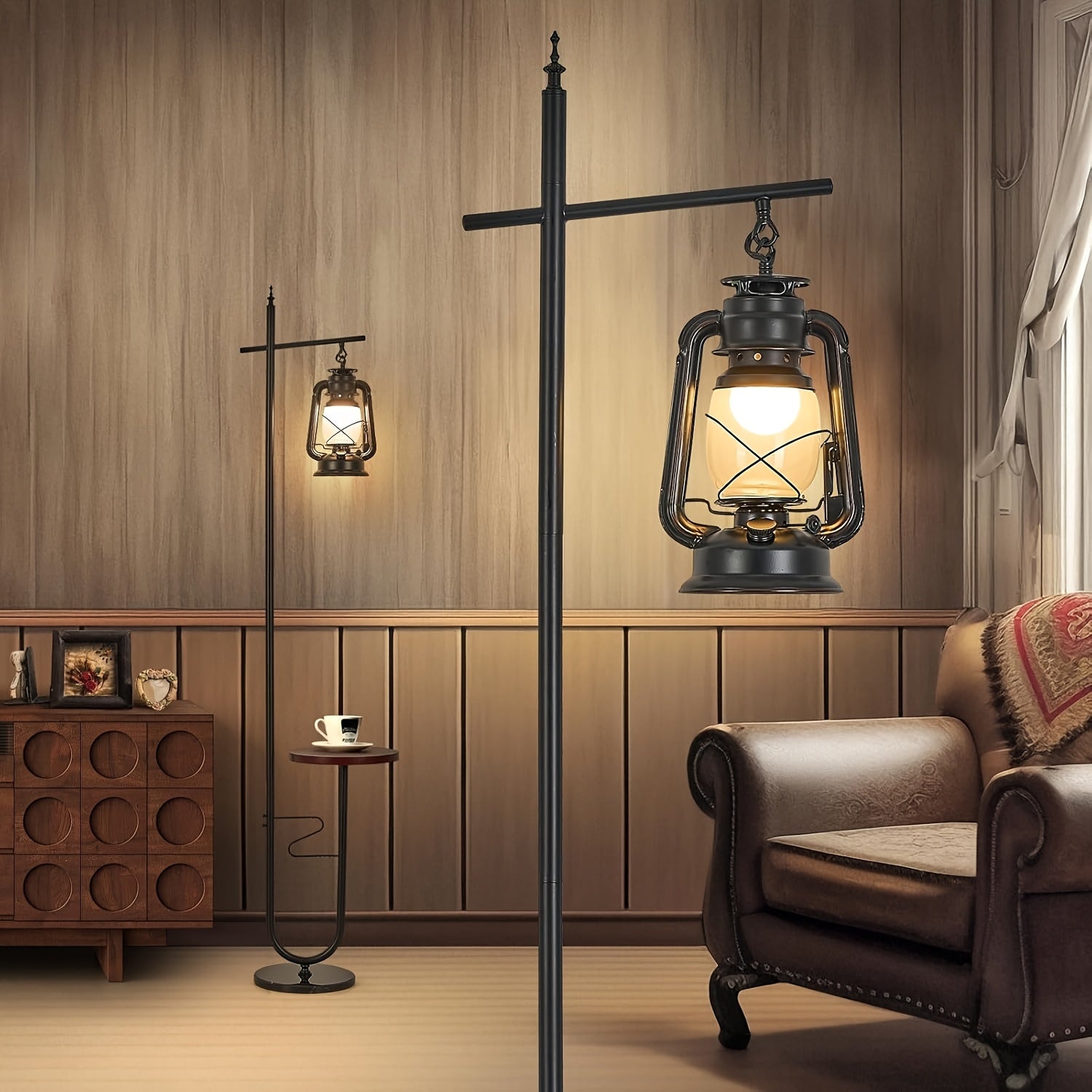 Bronze Classical Lantern Floor Lamp with Table | Rustic Farmhouse Style