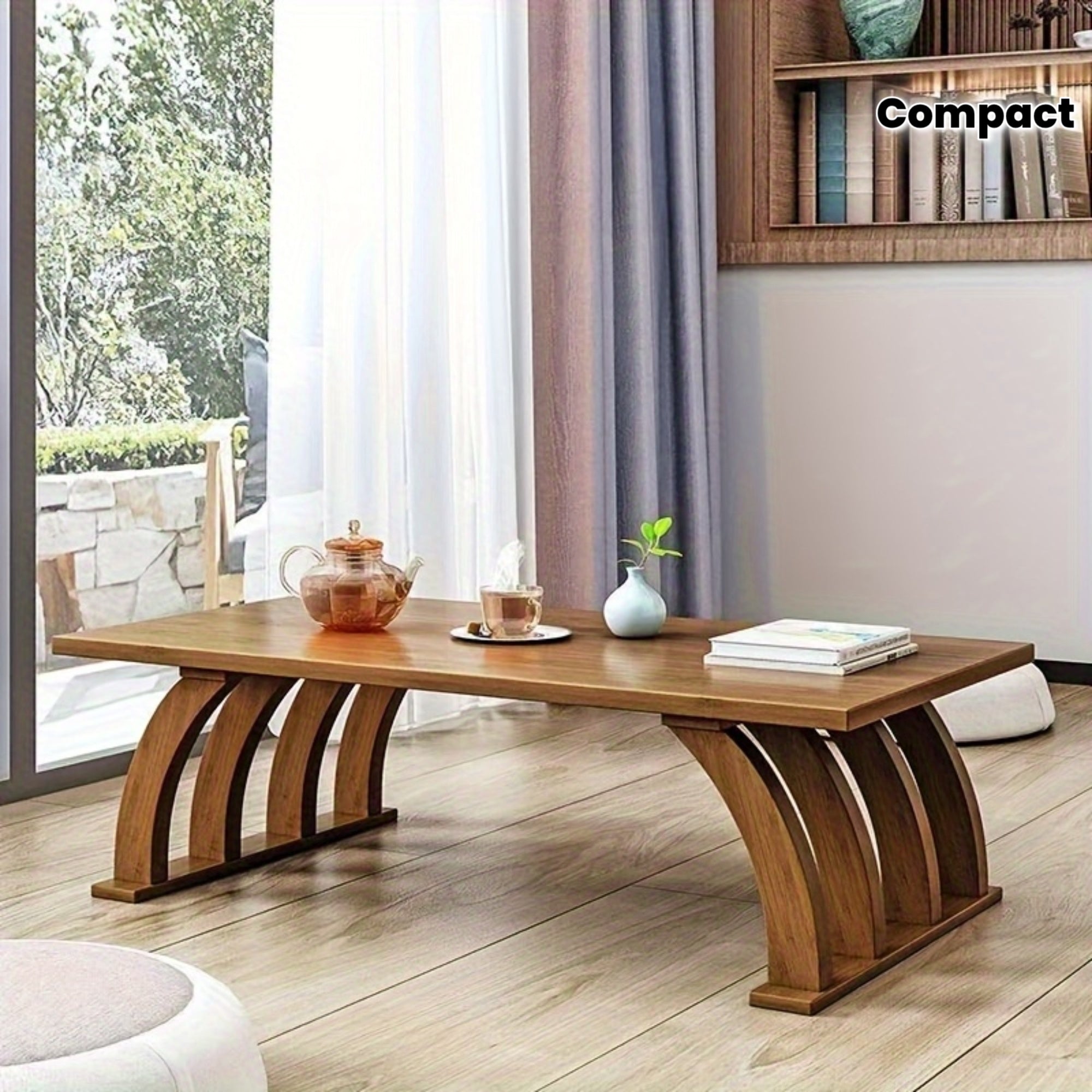 1pc Japanese-Style Low Table - Solid & Wood Coffee Table with Curved Arch Bridge Legs