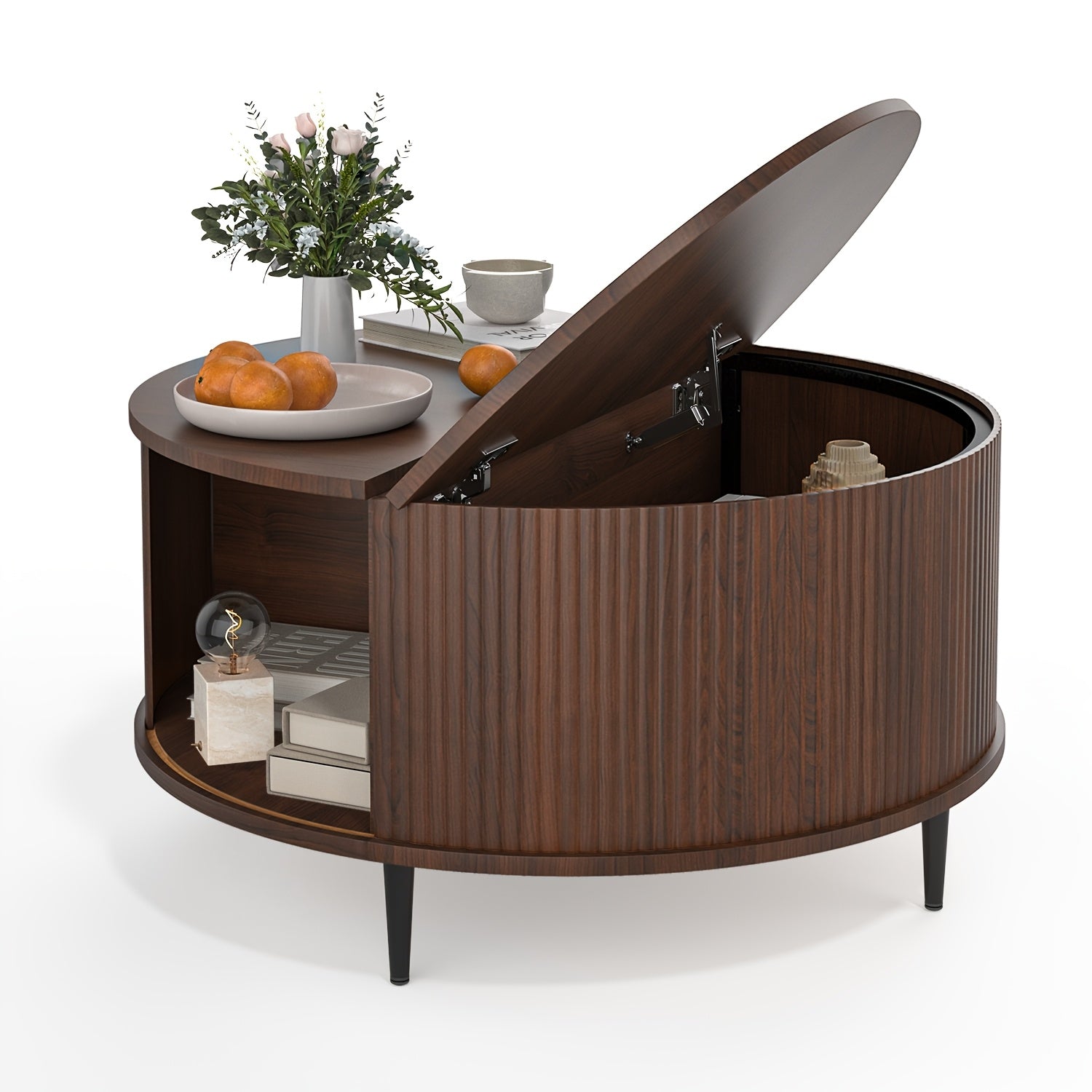 Aoxun Round Coffee Table with Flip-Top Sliding Door Storage - Fluted MDF Top & Pine Legs