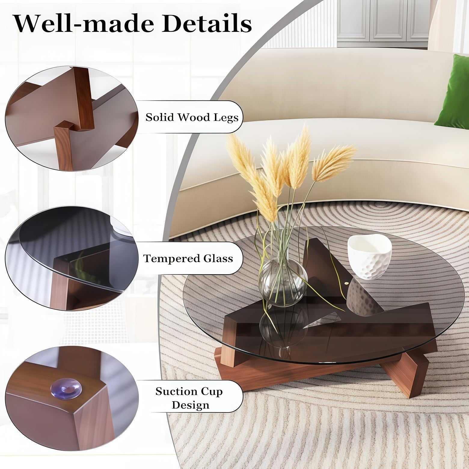 Modern Grey Glass Round Coffee Table | Solid Black Wood Abstract Base