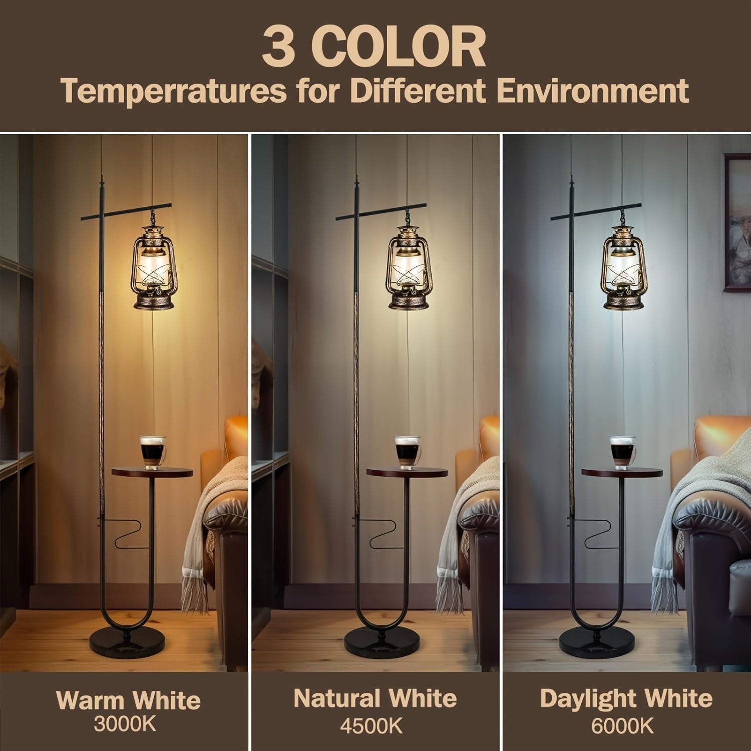 Bronze Classical Lantern Floor Lamp with Table | Rustic Farmhouse Style