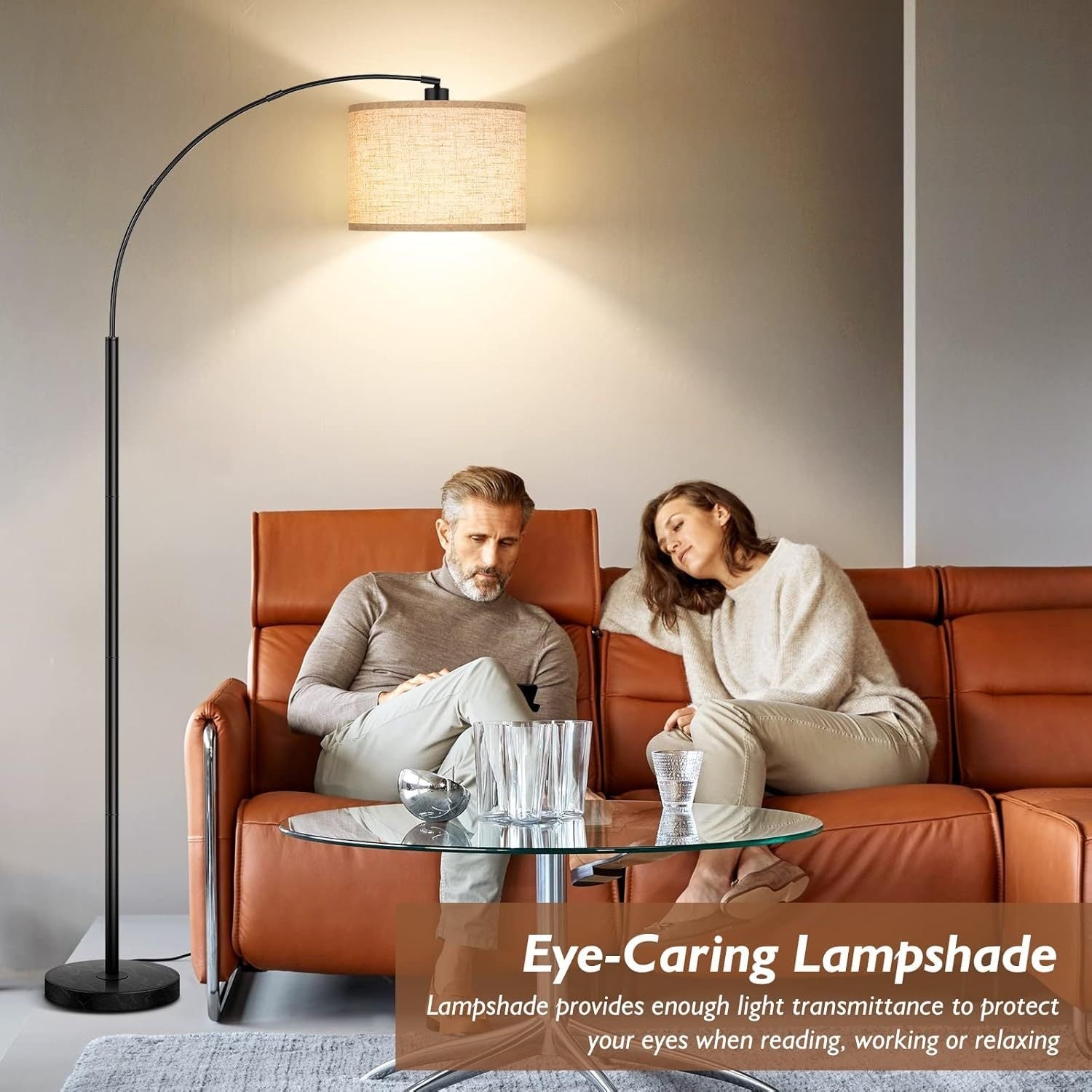 73in Modern Arc Floor Lamp - Tall Standing Light with Adjustable Drum Shade, Heavy-Duty Weighted Base