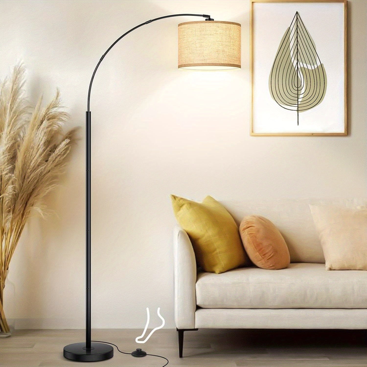 73in Modern Arc Floor Lamp - Tall Standing Light with Adjustable Drum Shade, Heavy-Duty Weighted Base