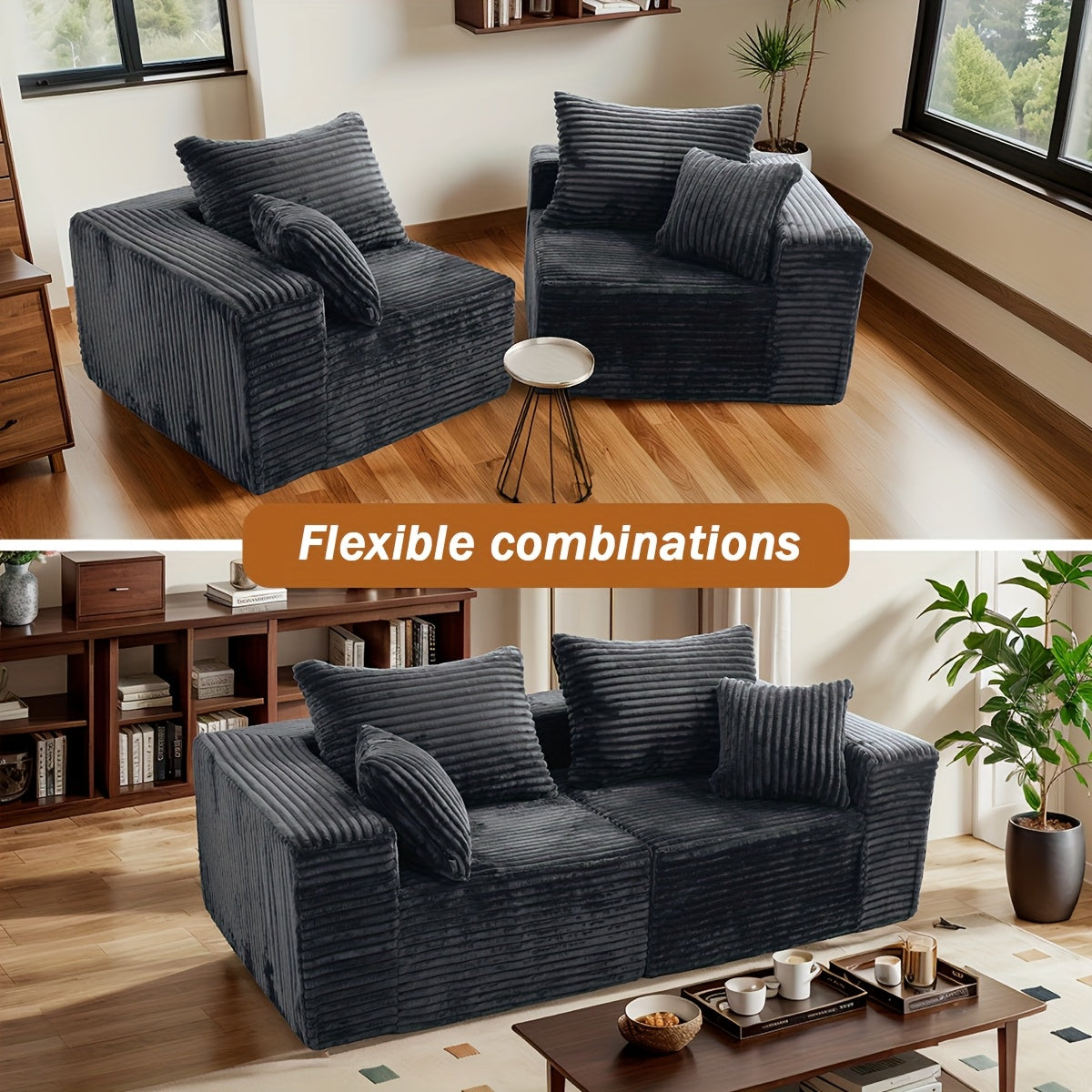 Ultra Soft Stretchy Ribbed Loveseat That Separates Into Two Individual Chairs for Flexible Living Room