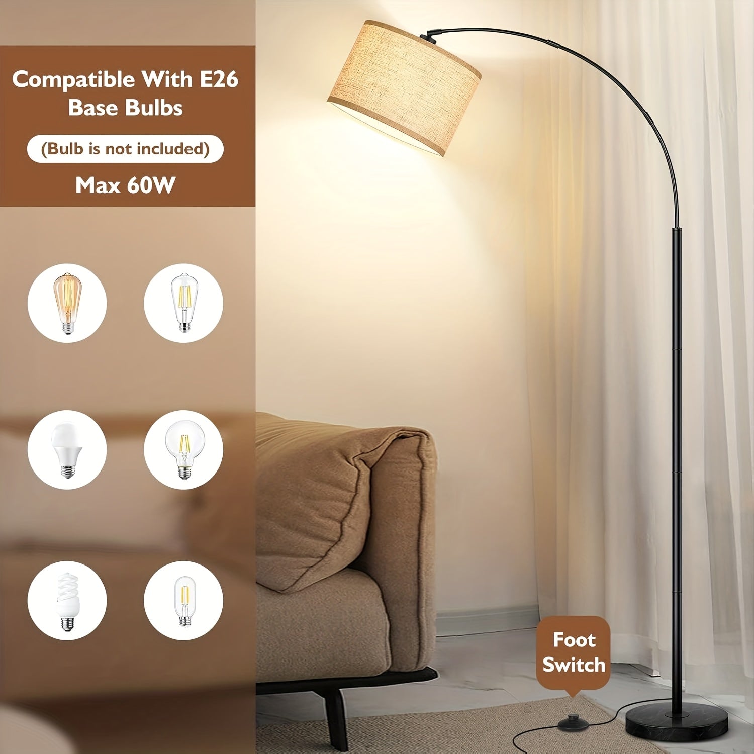 73in Modern Arc Floor Lamp - Tall Standing Light with Adjustable Drum Shade, Heavy-Duty Weighted Base