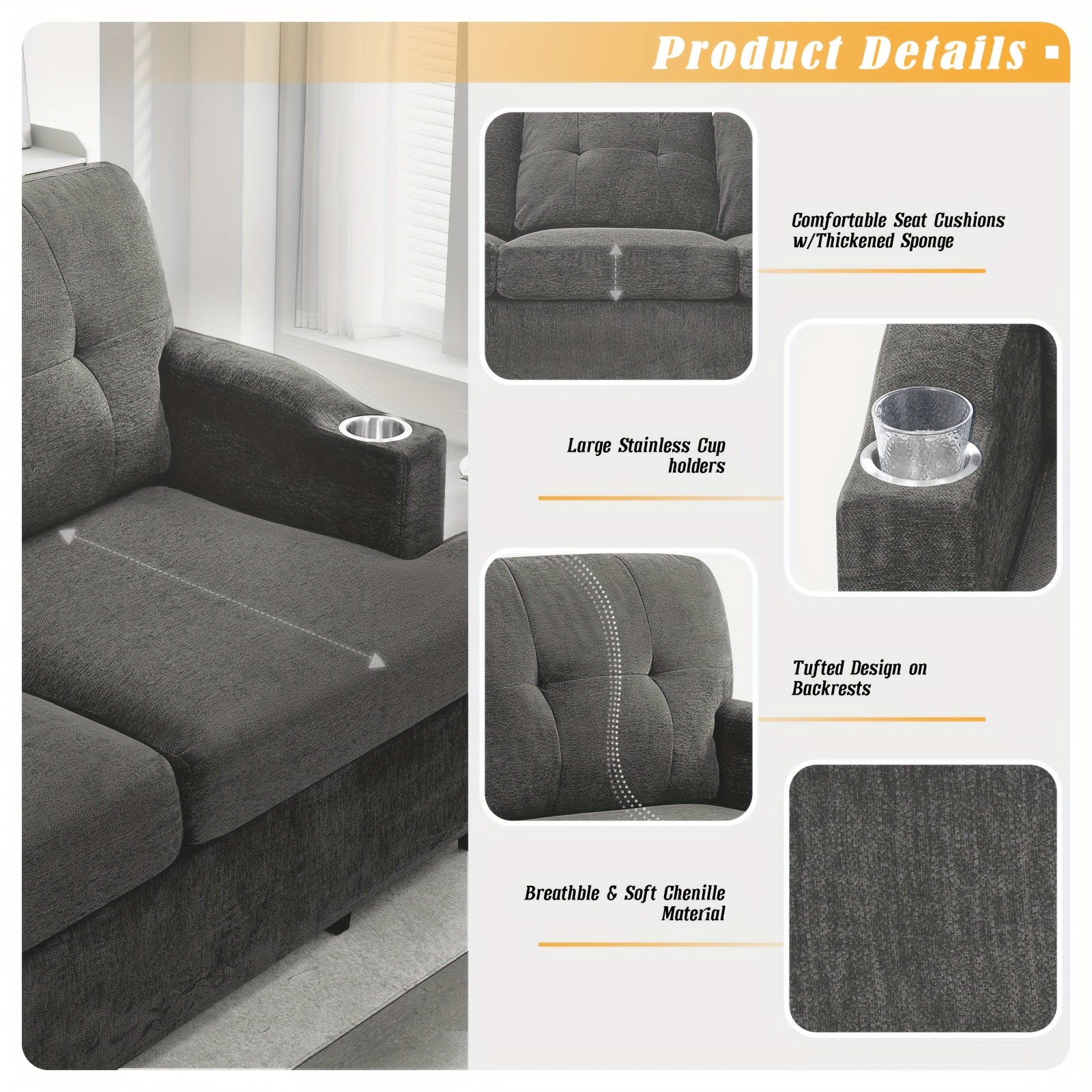 ACMEASE 89 Inch 3-seater Chenille Sofa, Tufted Sofa W\u002F Soft Back