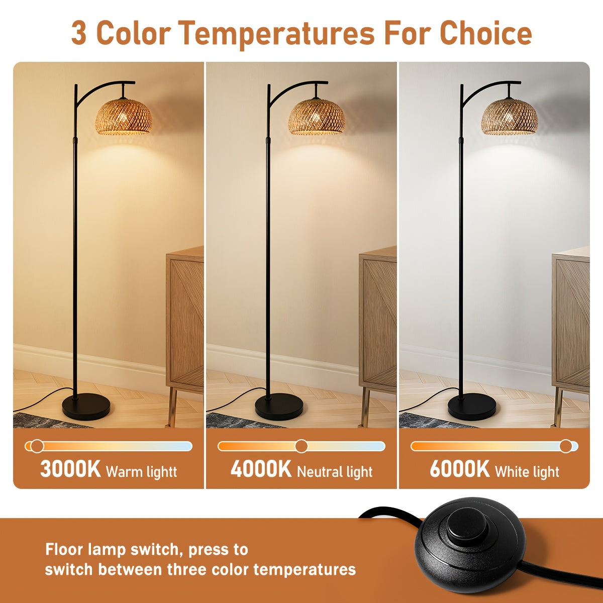 Large Size Bamboo-woven Sunshade Floor Lamp, Bohemian Farmhouse Country Floor Lamp