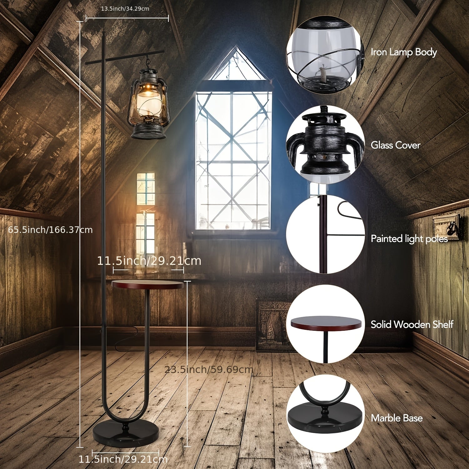 Bronze Classical Lantern Floor Lamp with Table | Rustic Farmhouse Style