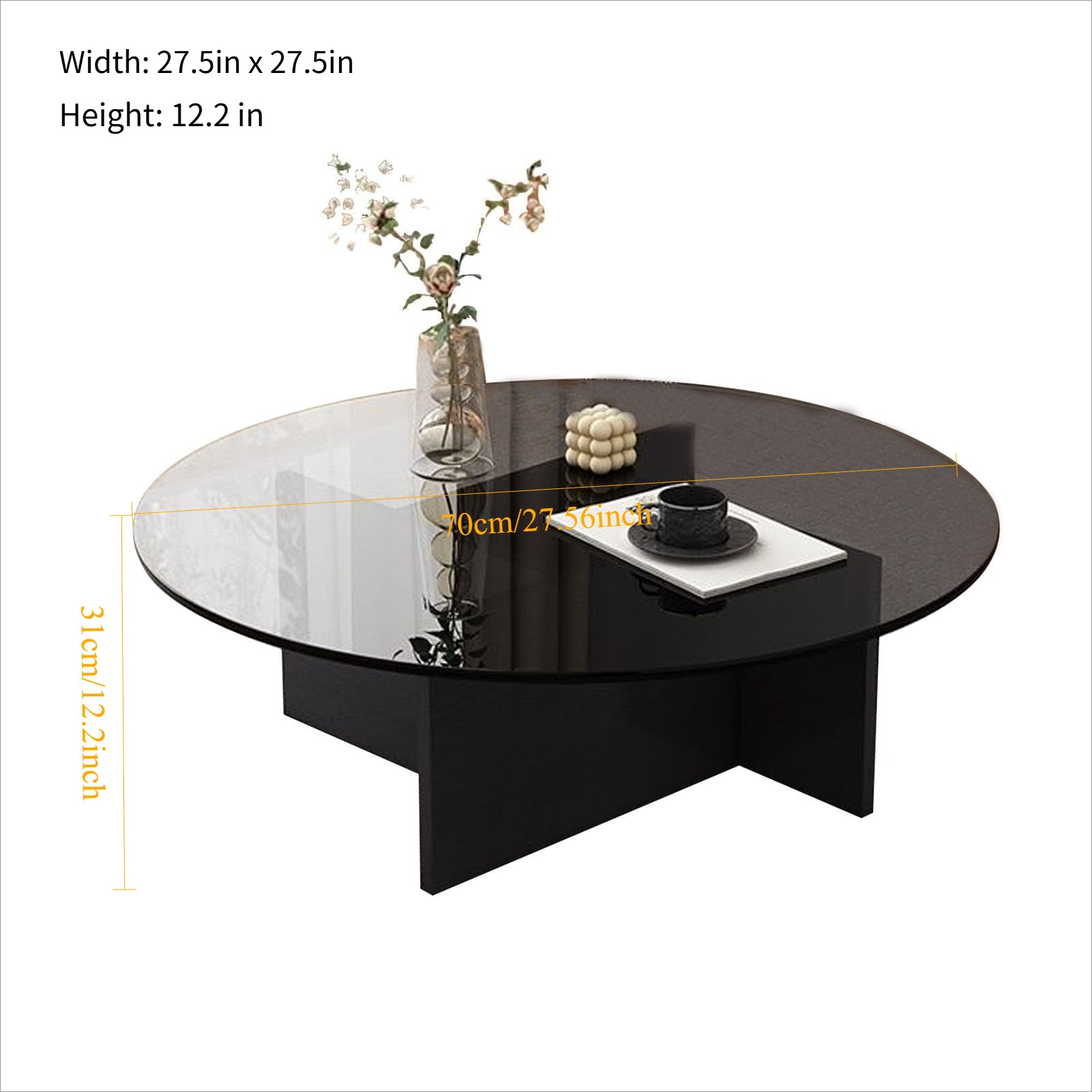 Modern Grey Glass Round Coffee Table | Solid Black Wood Abstract Base