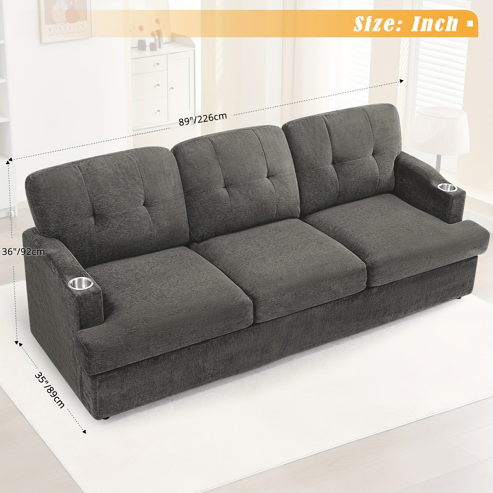 ACMEASE 89 Inch 3-seater Chenille Sofa, Tufted Sofa W\u002F Soft Back