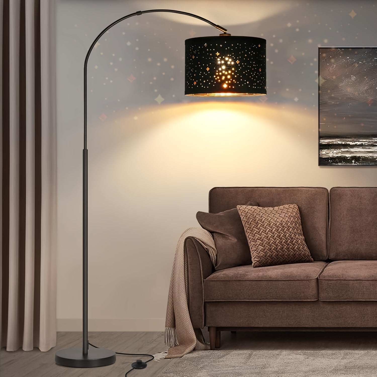 73in Modern Arc Floor Lamp - Tall Standing Light with Adjustable Drum Shade, Heavy-Duty Weighted Base