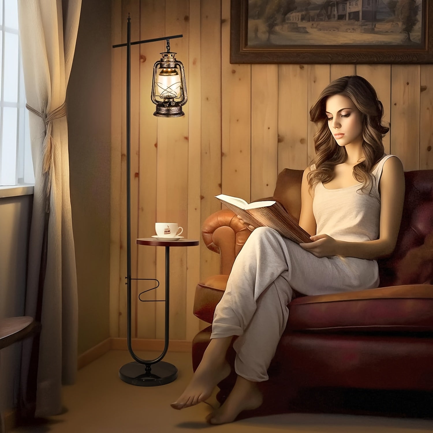 Bronze Classical Lantern Floor Lamp with Table | Rustic Farmhouse Style