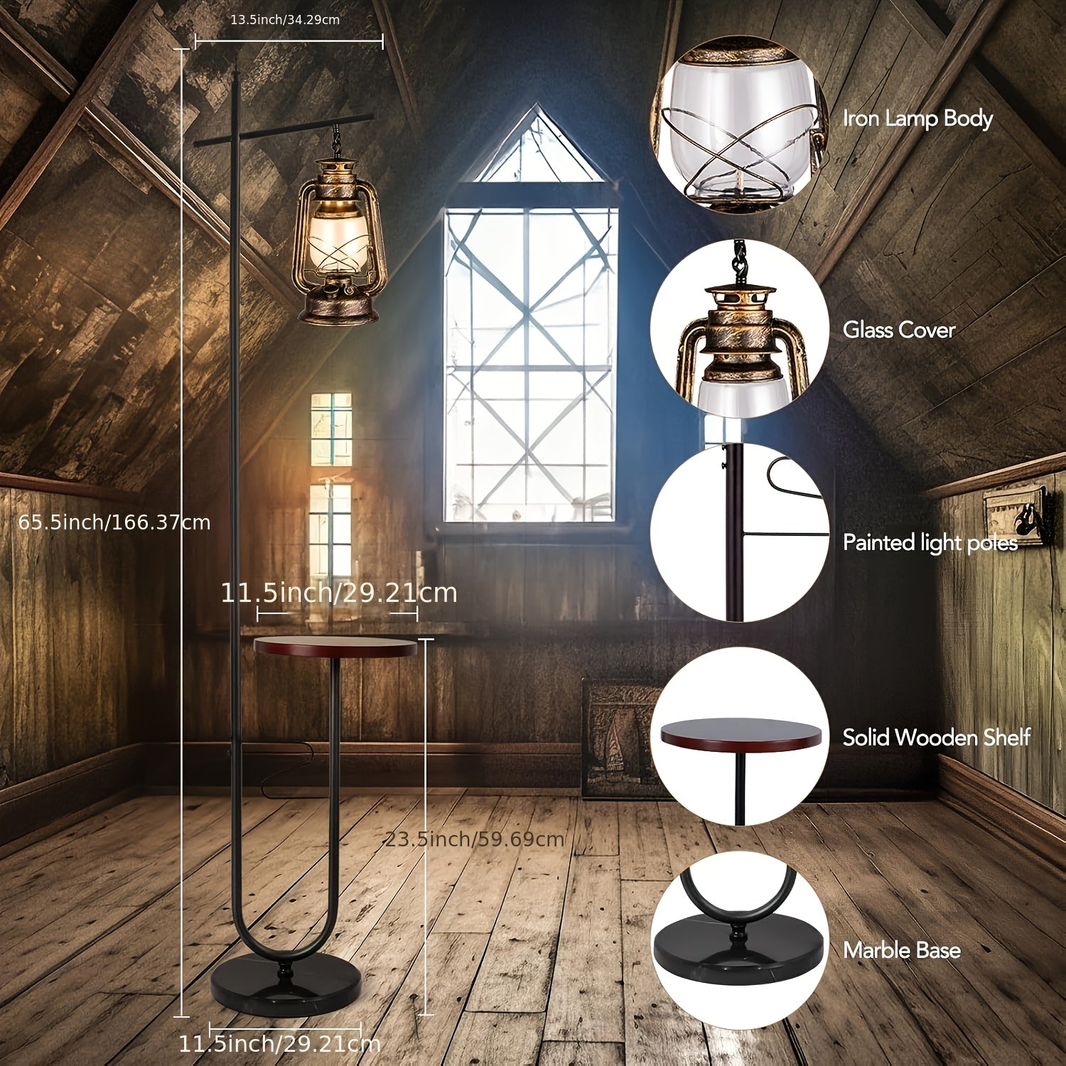 Bronze Classical Lantern Floor Lamp with Table | Rustic Farmhouse Style