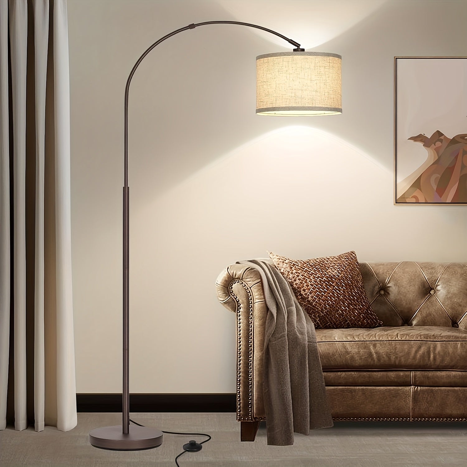 73in Modern Arc Floor Lamp - Tall Standing Light with Adjustable Drum Shade, Heavy-Duty Weighted Base