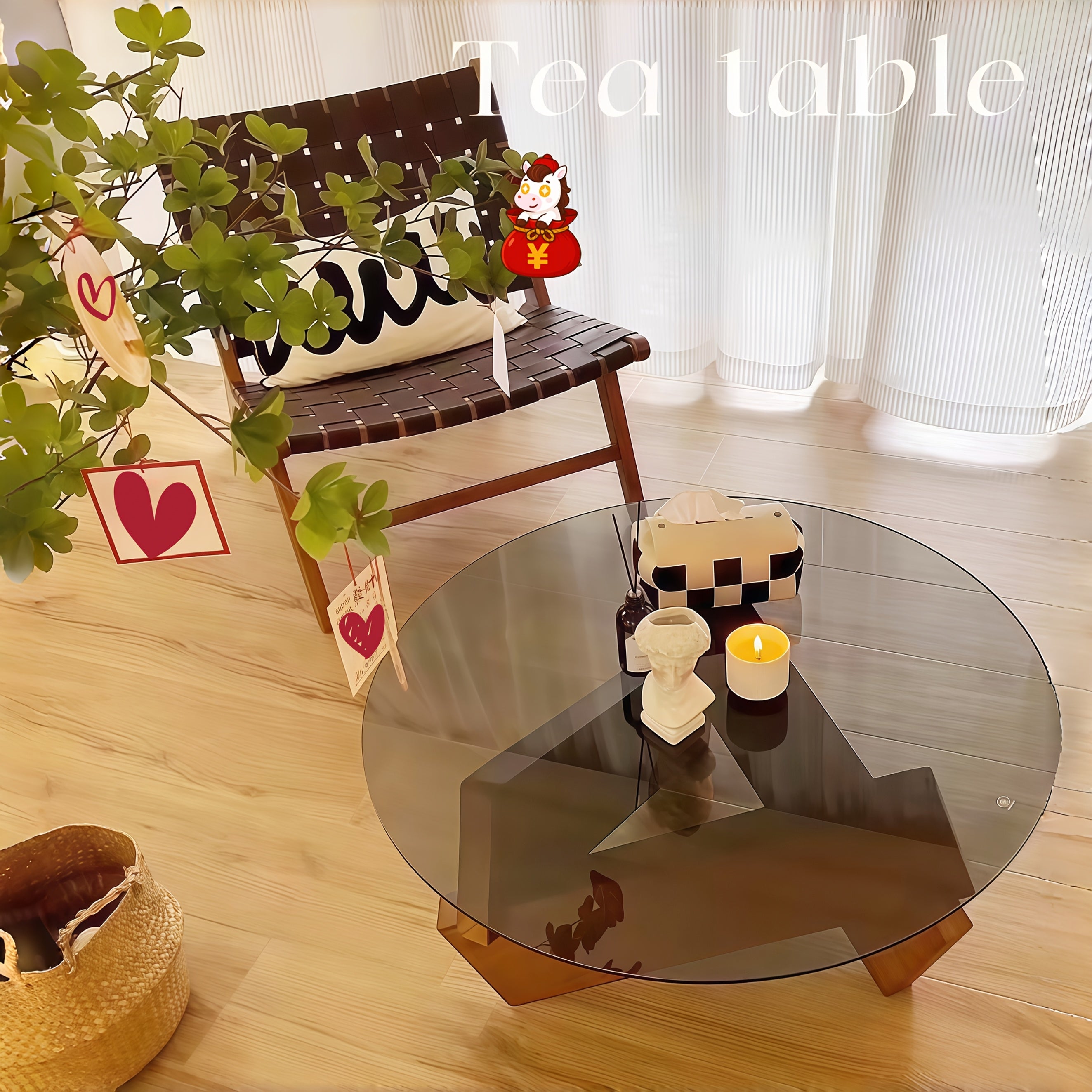 Modern Grey Glass Round Coffee Table | Solid Black Wood Abstract Base