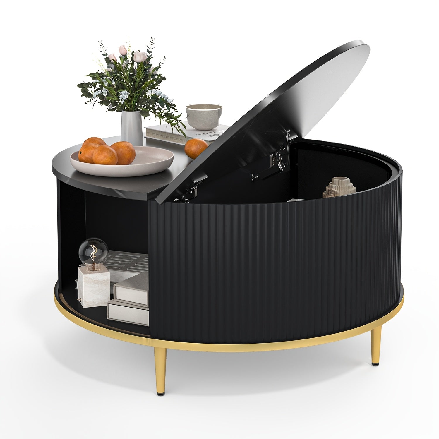 Aoxun Round Coffee Table with Flip-Top Sliding Door Storage - Fluted MDF Top & Pine Legs