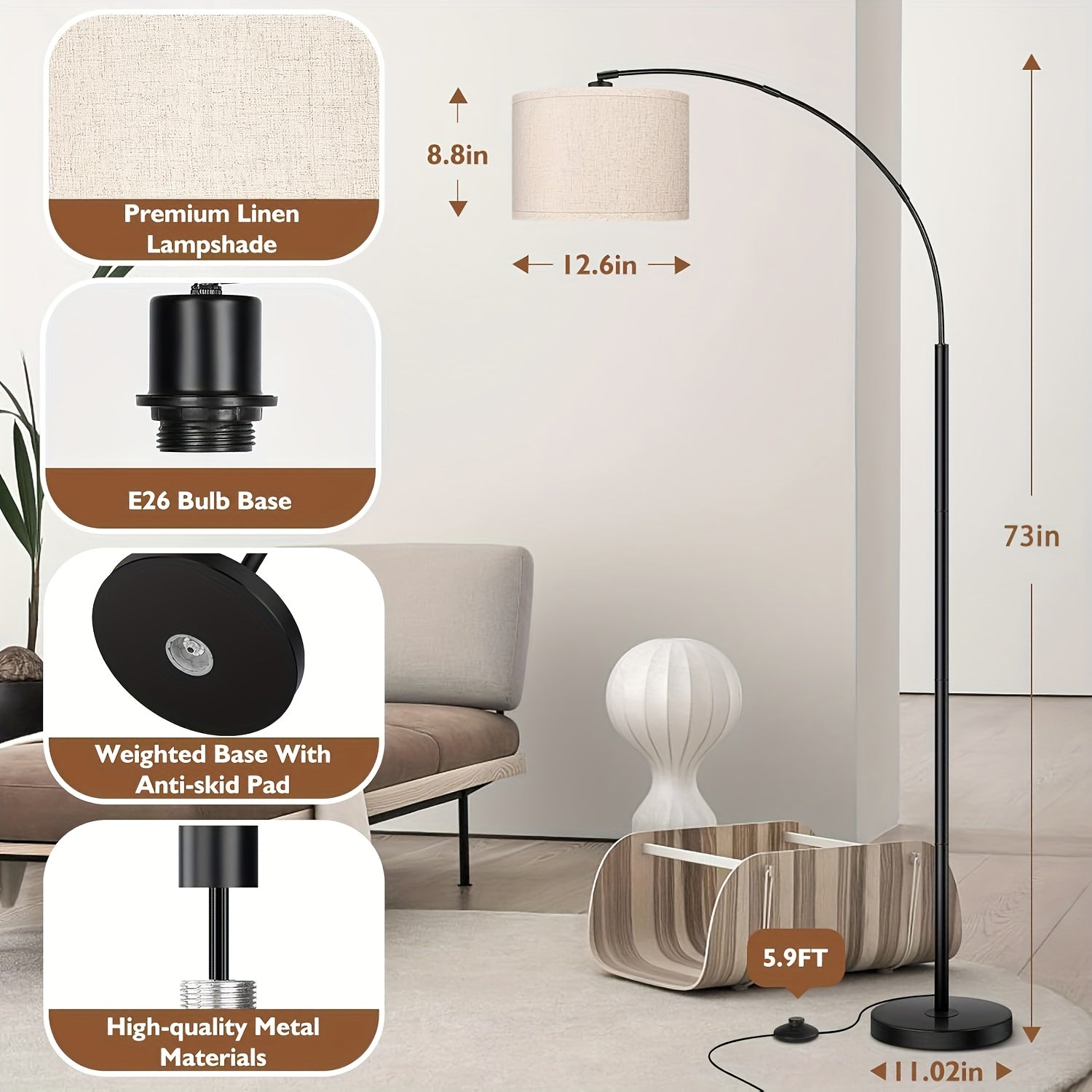 73in Modern Arc Floor Lamp - Tall Standing Light with Adjustable Drum Shade, Heavy-Duty Weighted Base