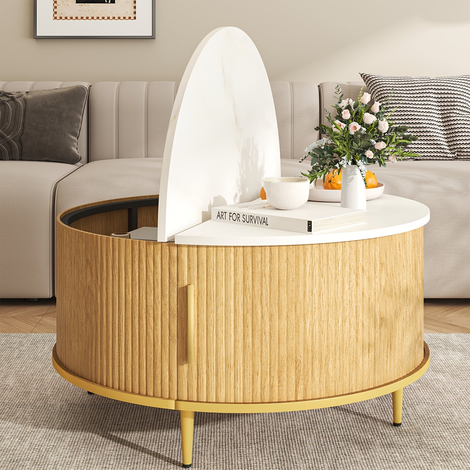 Aoxun Round Coffee Table with Flip-Top Sliding Door Storage - Fluted MDF Top & Pine Legs