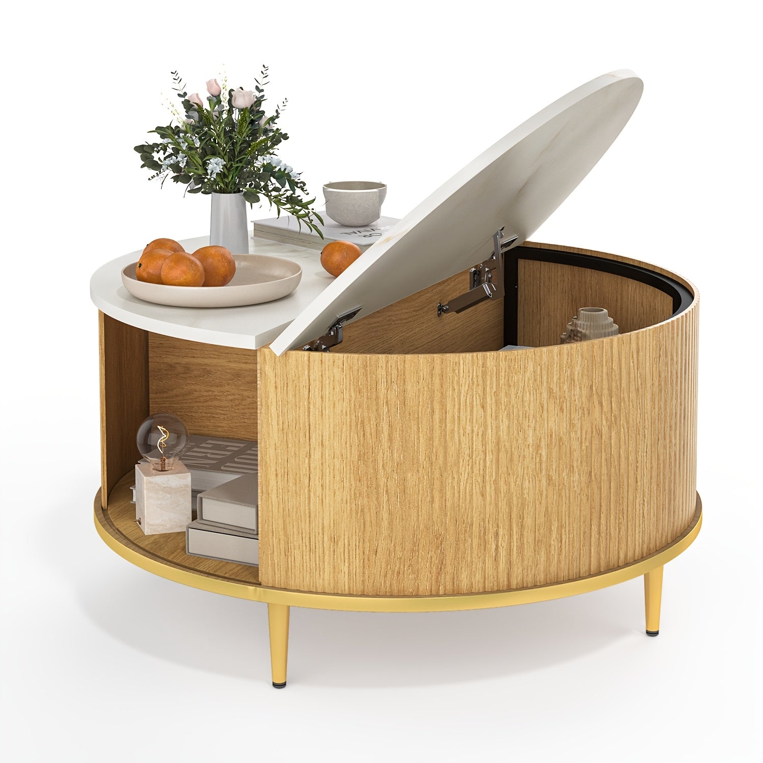 Aoxun Round Coffee Table with Flip-Top Sliding Door Storage - Fluted MDF Top & Pine Legs