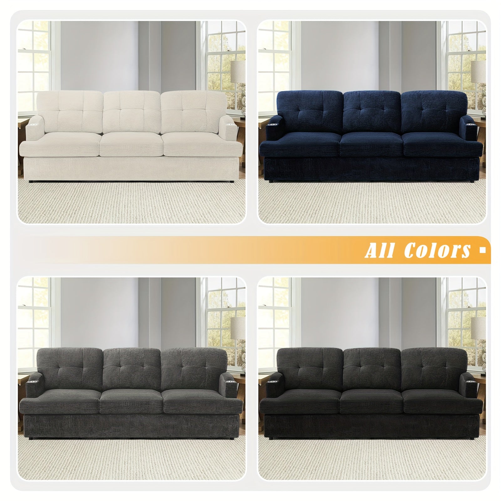ACMEASE 89 Inch 3-seater Chenille Sofa, Tufted Sofa W\u002F Soft Back