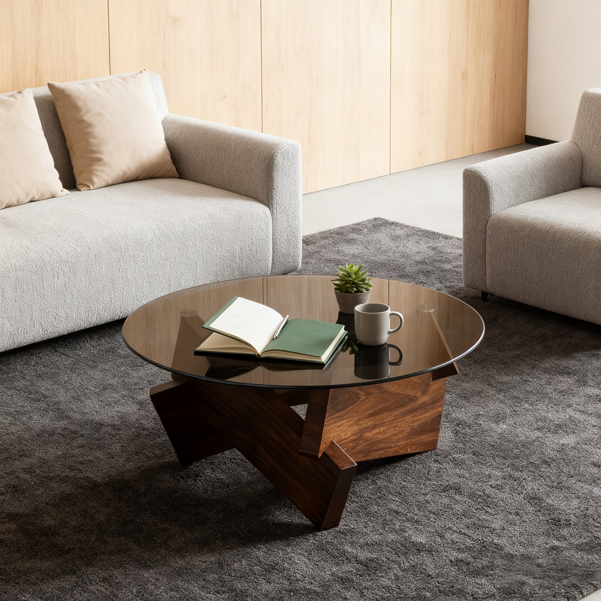 Modern Grey Glass Round Coffee Table | Solid Black Wood Abstract Base